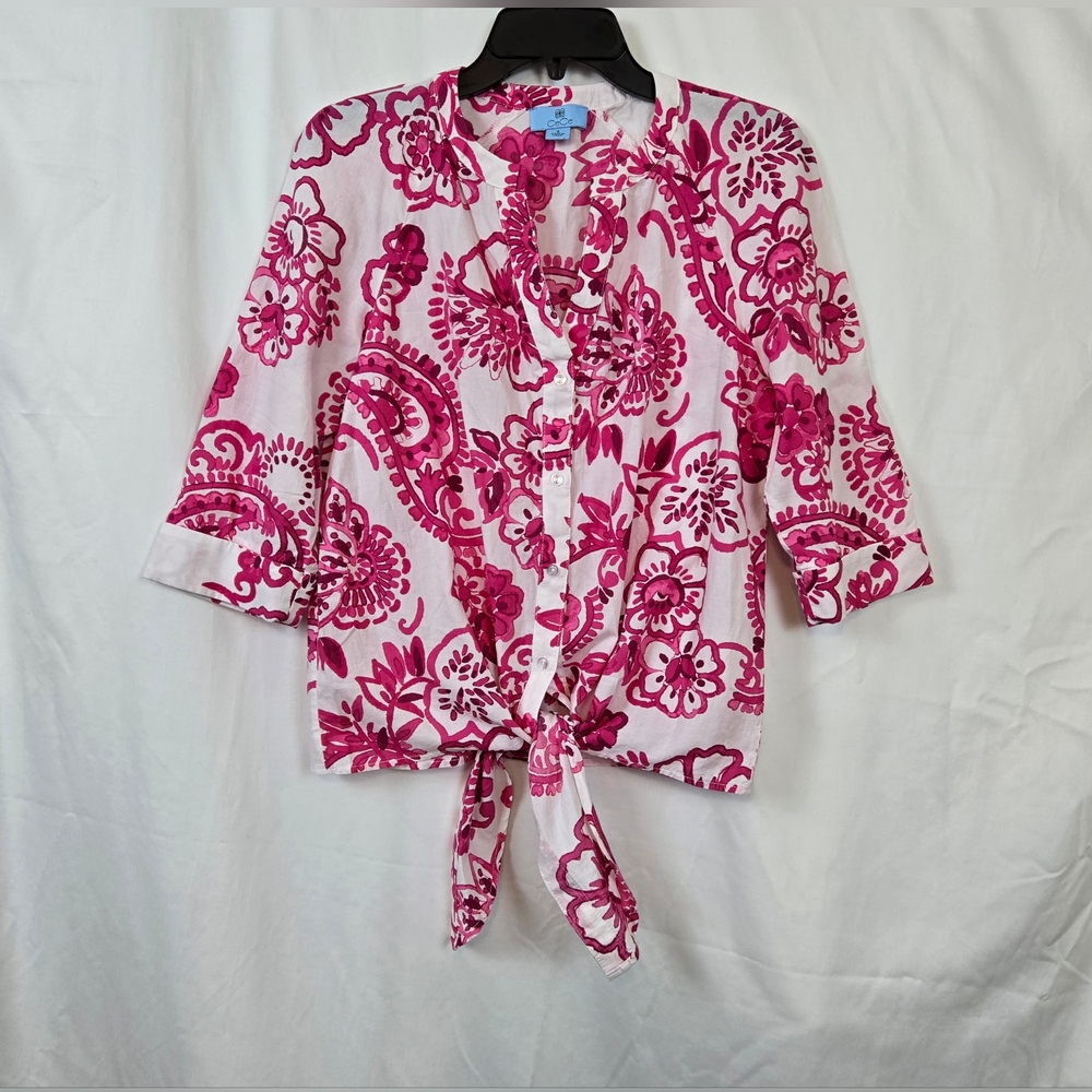 CeCe Womens White Pink Paisley Floral Print 3/4 Sleeve Front Tie Blouse Small